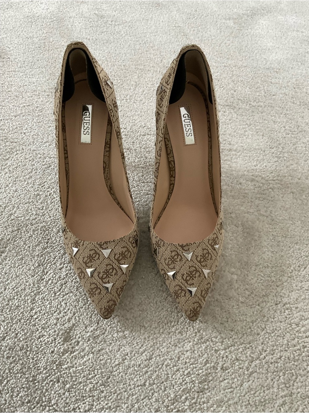 Guess Monogram Pointed Toe Stud Pumps in Beige and Brown